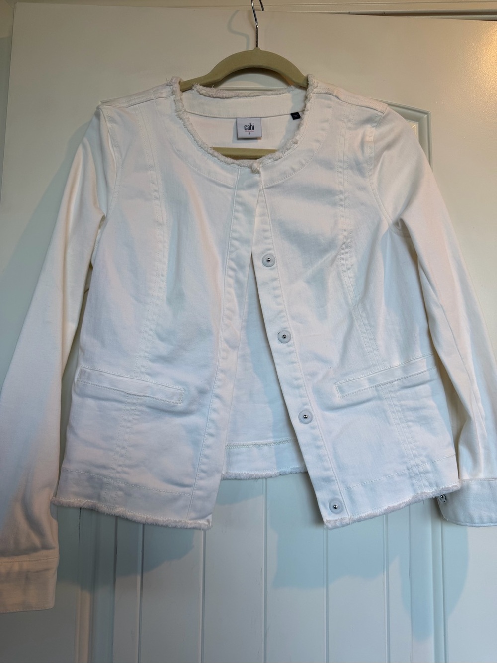 CAbi White Frayed-Edge Button Jacket